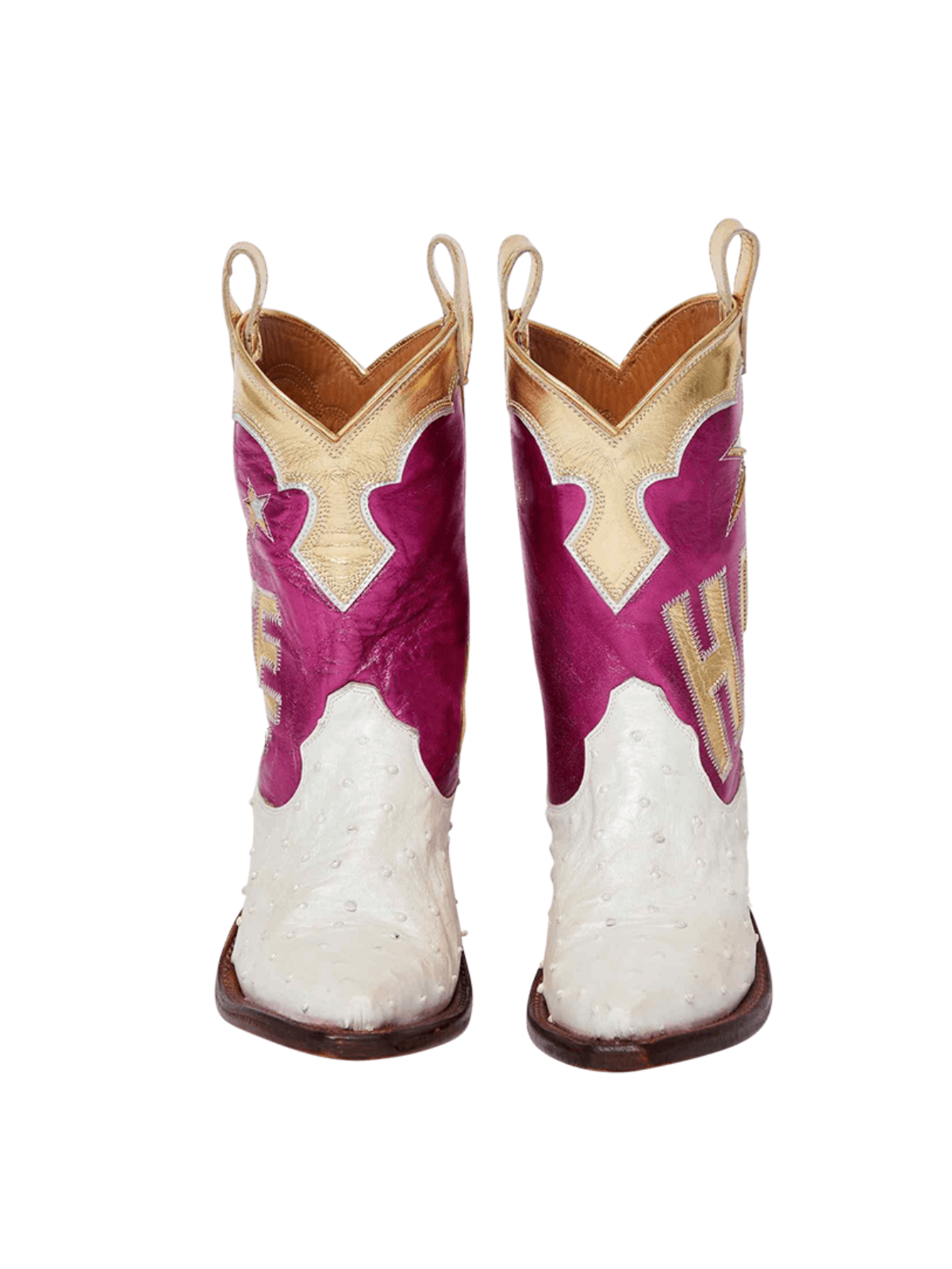 Contrast Tri-Color Ostrich-Textured And Metallic Vegan Leather Heart Star Letter Inlay Cowgirl Boots - Magenta