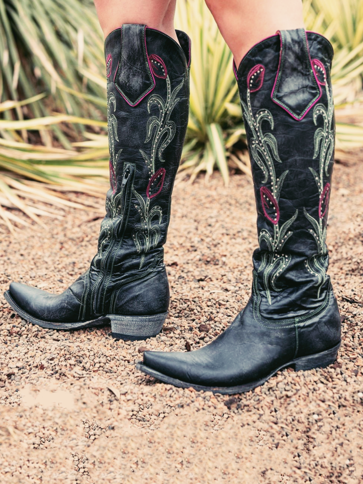 Black Crinkle Floral Embroidery Rhinestone Snip-Toe Half-Zip Knee High Western Boots Cowgirl Tall Boots