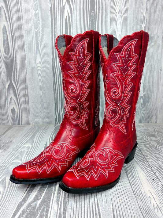 Ruby Red Snip-Toe Embroidery Wide Mid Calf Tall Cowgirl Boots