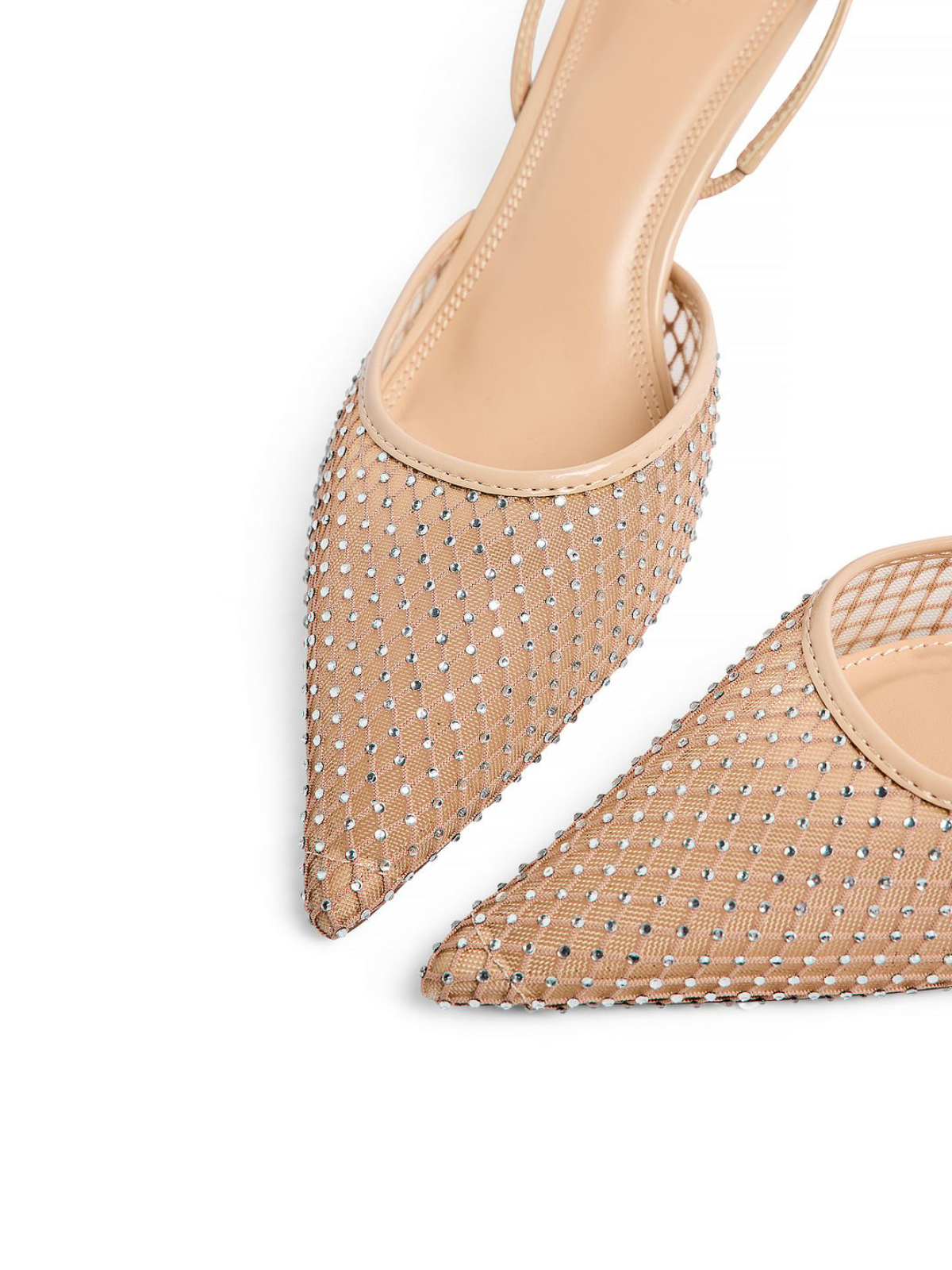 Beige Rhinestone Mesh Pointed-Toe Slingback Pump Kitten Heels