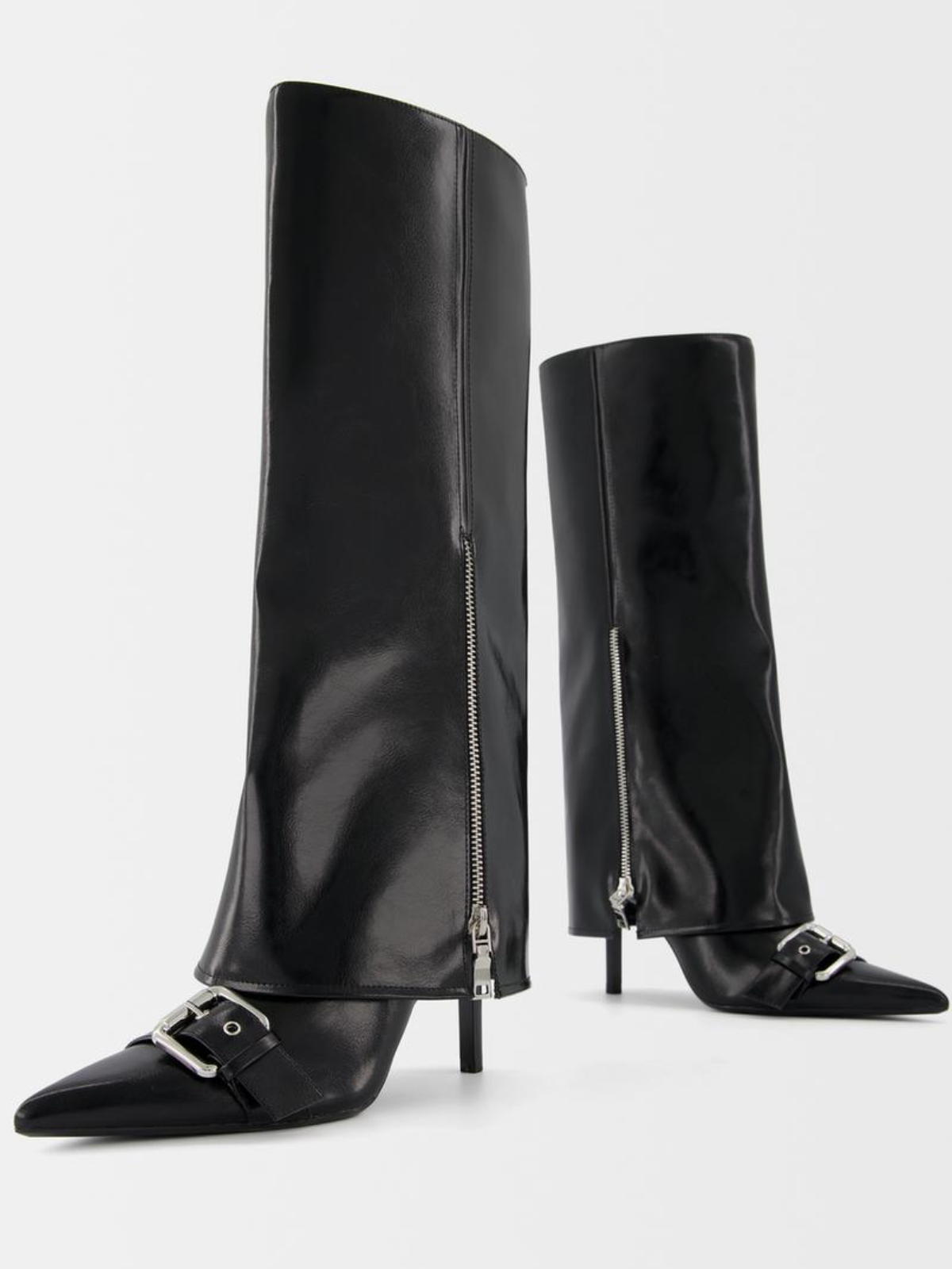 Black Pointed-Toe Fold-Over Mid Calf Half-Zip Stiletto Boots With Buckles