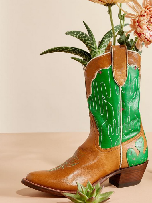 Contrast Tan And Green Flower Embroidery Cactus Applique Stitch Wide Mid Calf Cowgirl Boots