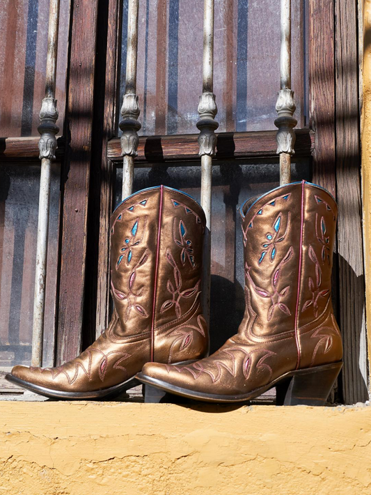 Metallic Almond-Toe Embroidery Inlay Wide Mid Calf Cowgirl Boots - Copper