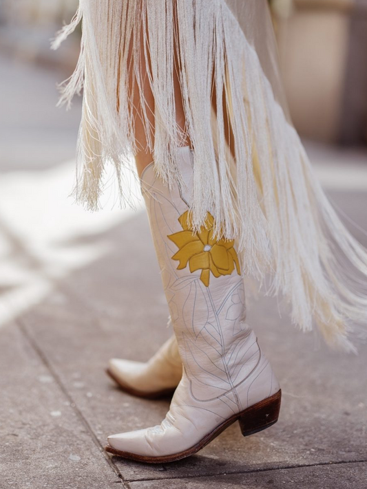 Cream Snip-Toe Embroidery Flower Applique Wide Calf Knee High Cowgirl Boots