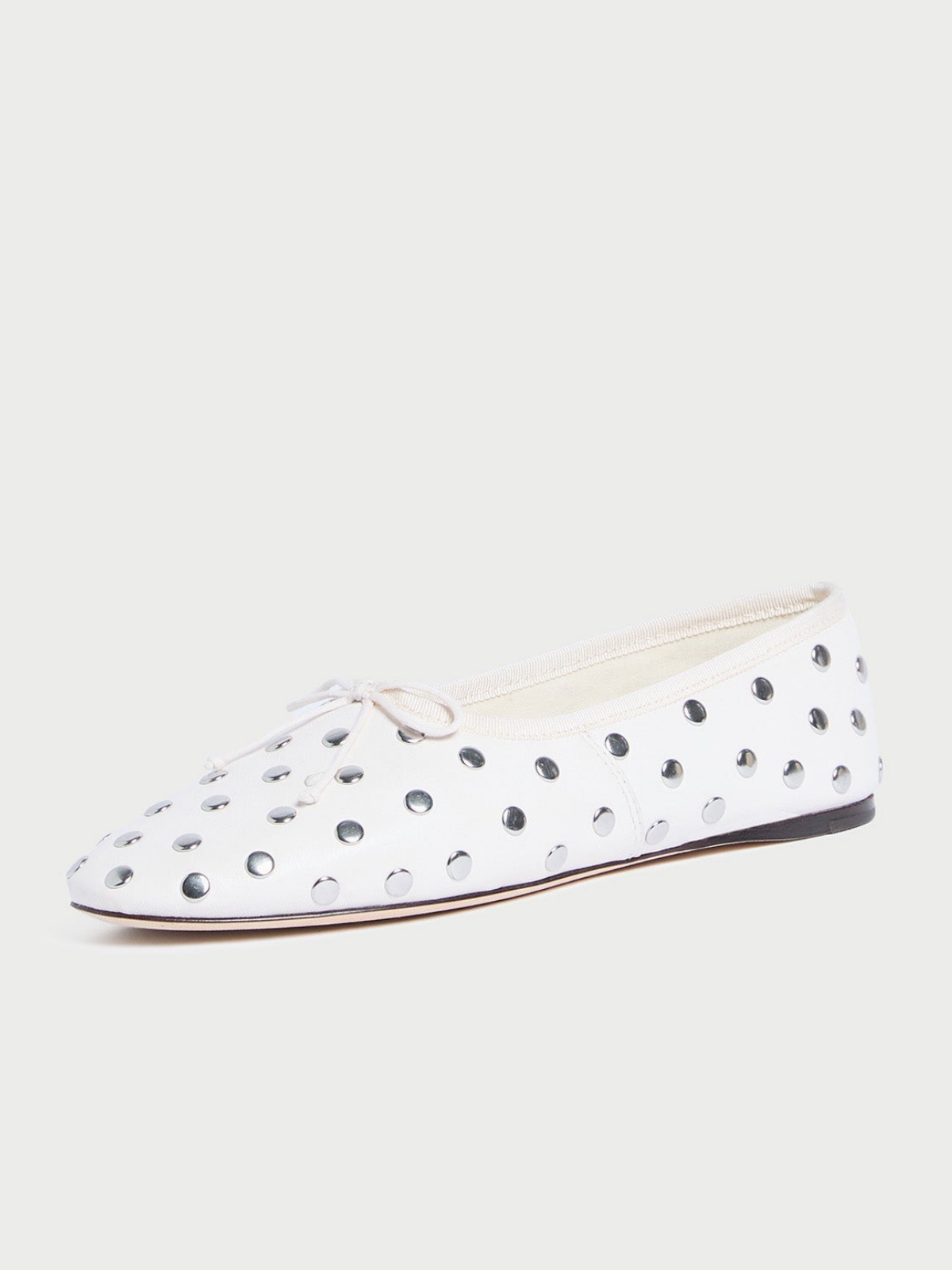 White Almond-Toe Bow Ballet Flats With Silver Studs