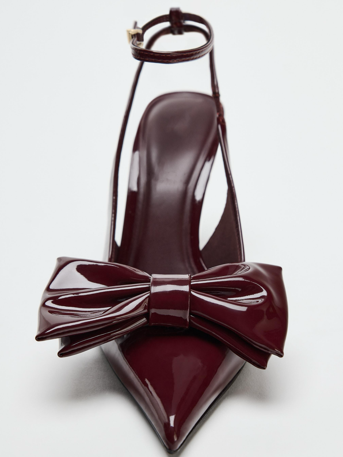 Patent Burgundy Pointed-Toe Buckled Ankle Strap Closure Slingback Bow High Heels