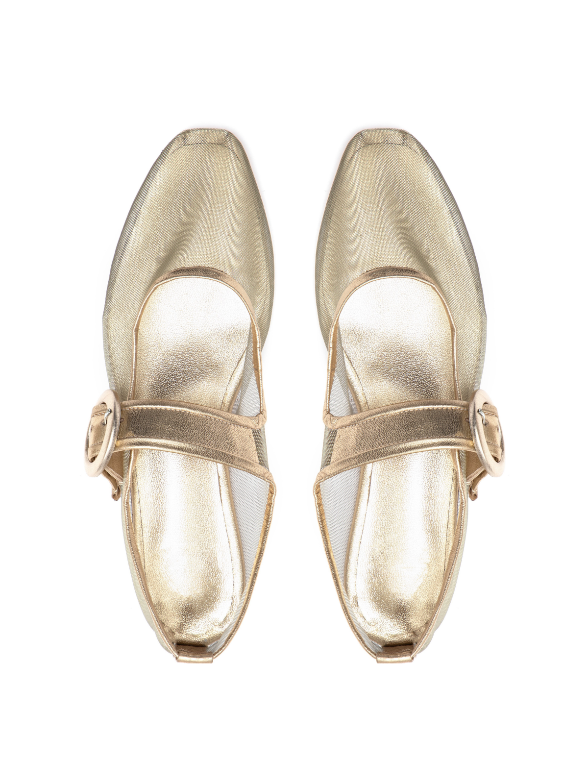 Metallic Gold Mesh Elongated Ballet Flats Mary Janes With Oversized Buckle