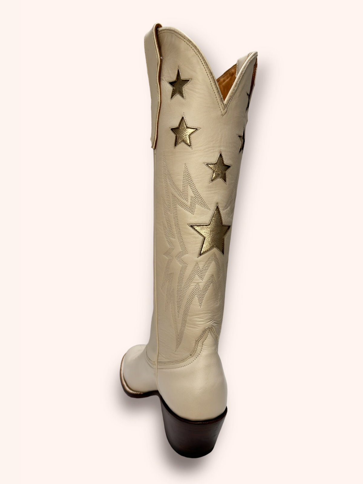 Metallic Star Inaly Embroidery Almond-Toe Wide Mid Calf Tall Cowgirl Boots - Bone