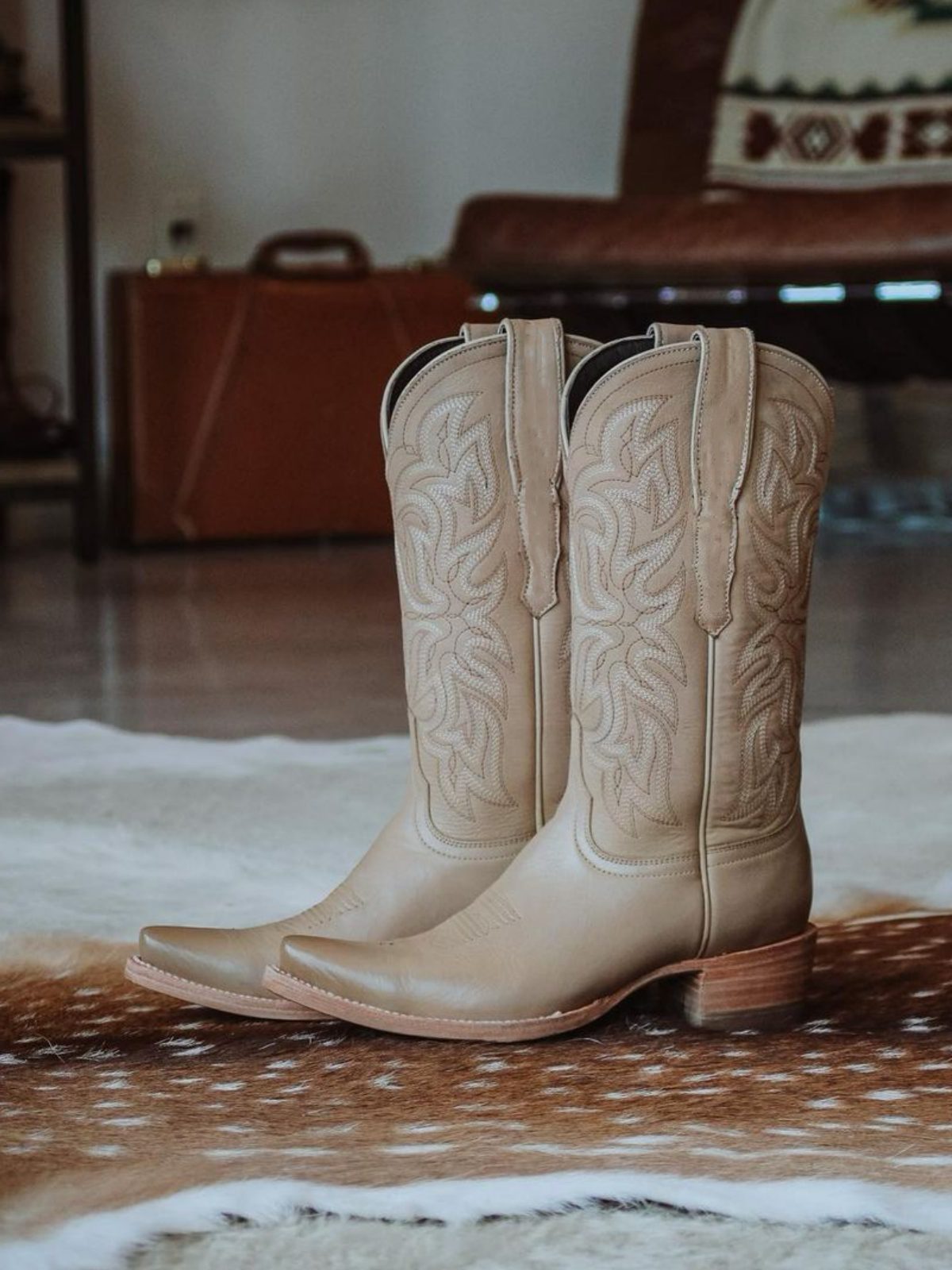 Tan Snip-Toe Embroidery Wide Mid Calf Cowgirl Tall Boots