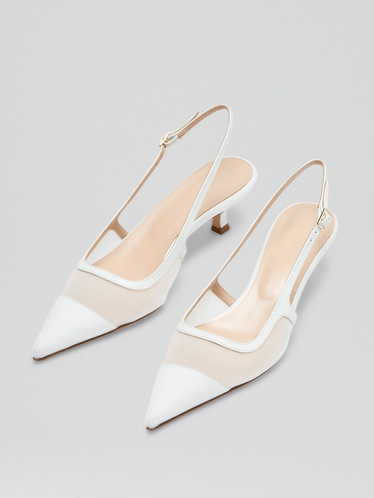 White Mesh Pointy Kitten Heel Slingback Pumps With Buckled Back Strap