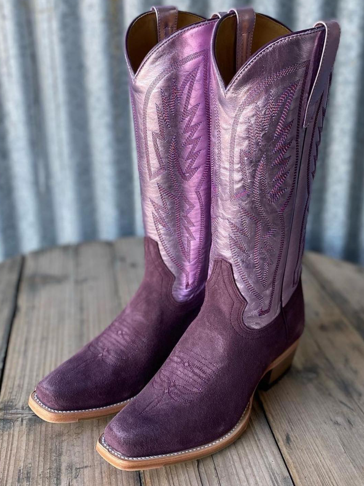 Faux Suede & Metallic Vegan Leather Embroidery Snip-Toe Wide Mid Calf Cowgirl Boots in Contrast Purple