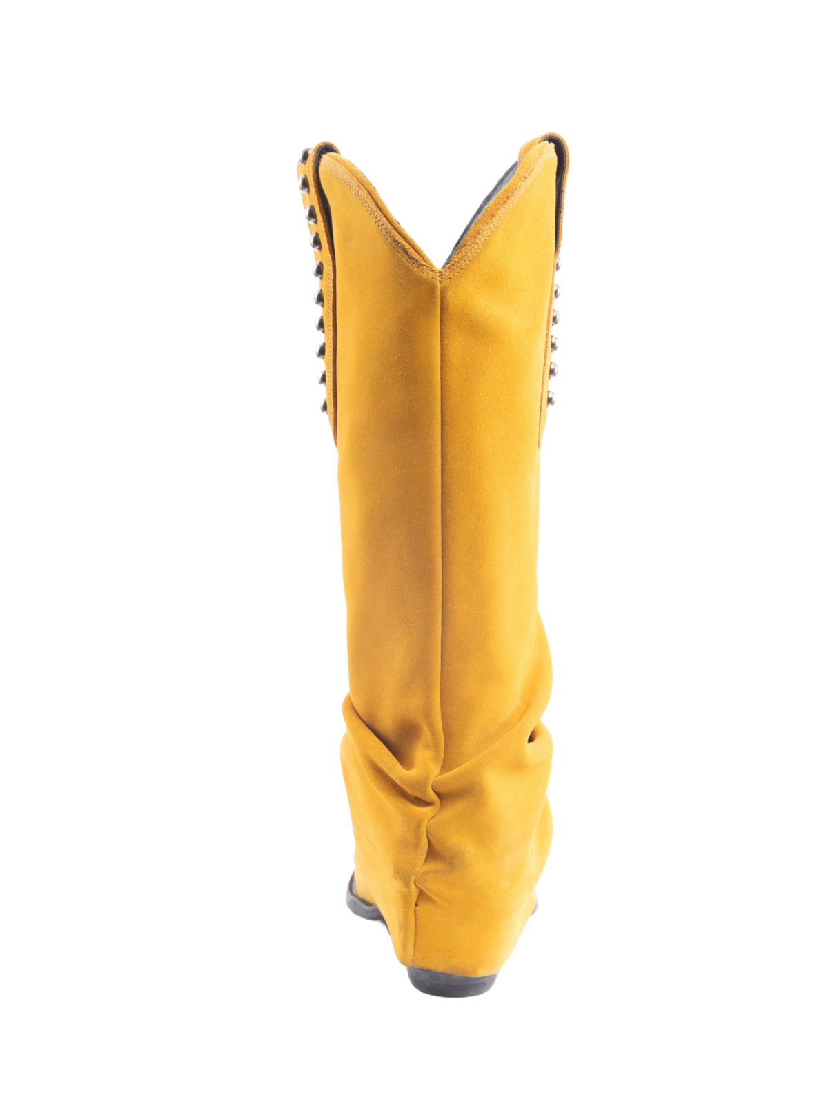 Yellow Faux Suede Snip-Toe Studded Tall Wide Mid Calf Fold-Over Slouch Cowgirl Boots