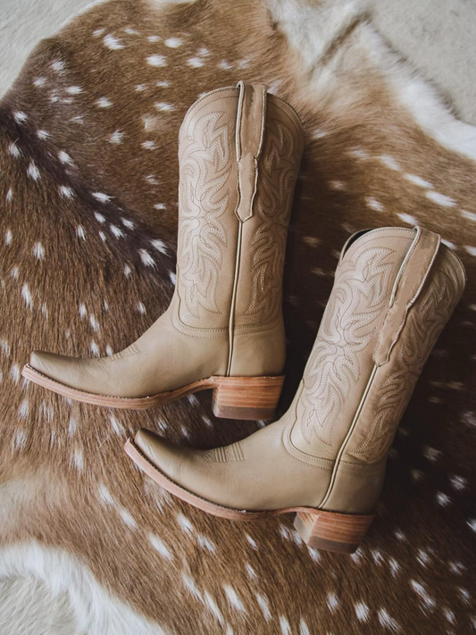 Tan Snip-Toe Embroidery Wide Mid Calf Cowgirl Tall Boots