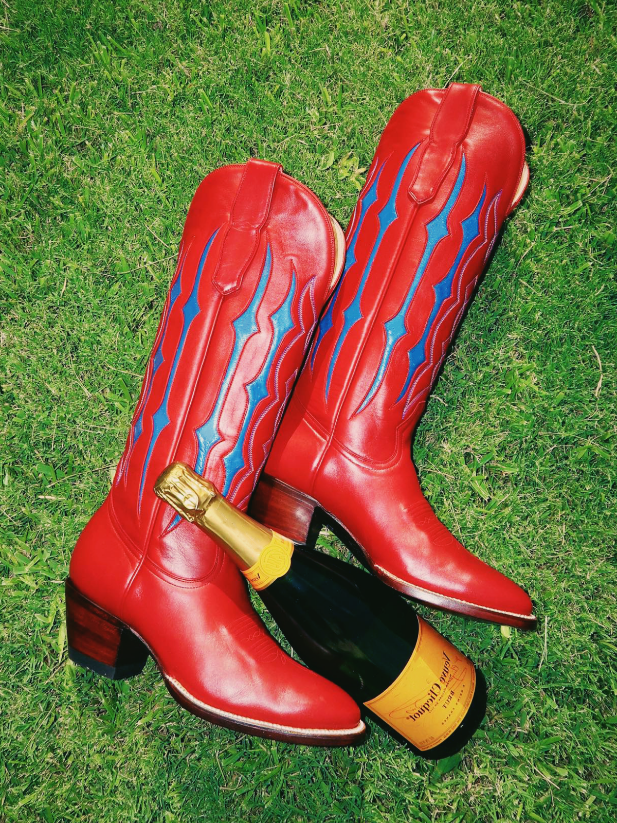 Red Contrast Inlay Stitch Almond-Toe Wide Mid Calf Western Cowgirl Boots