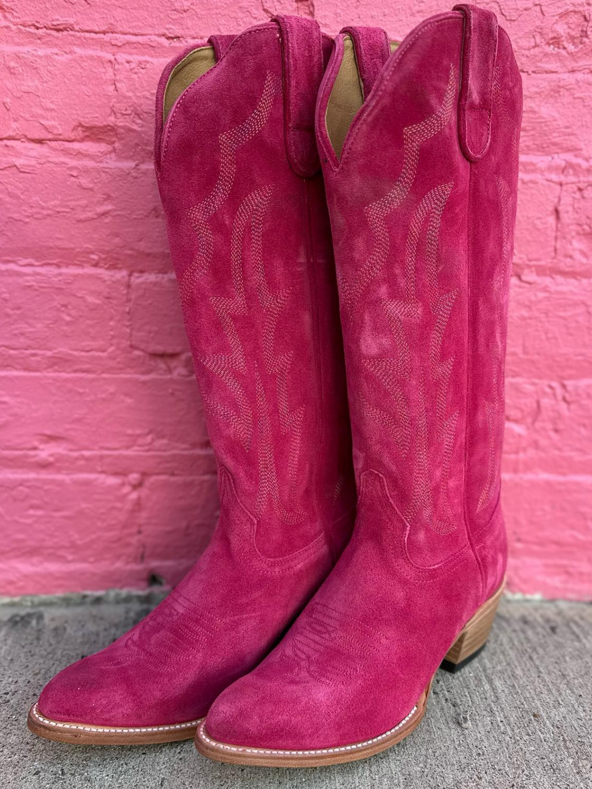 Hot Pink Faux Suede Embroidery Almond-Toe Wide Mid Calf Cowboy Tall Boots For Women