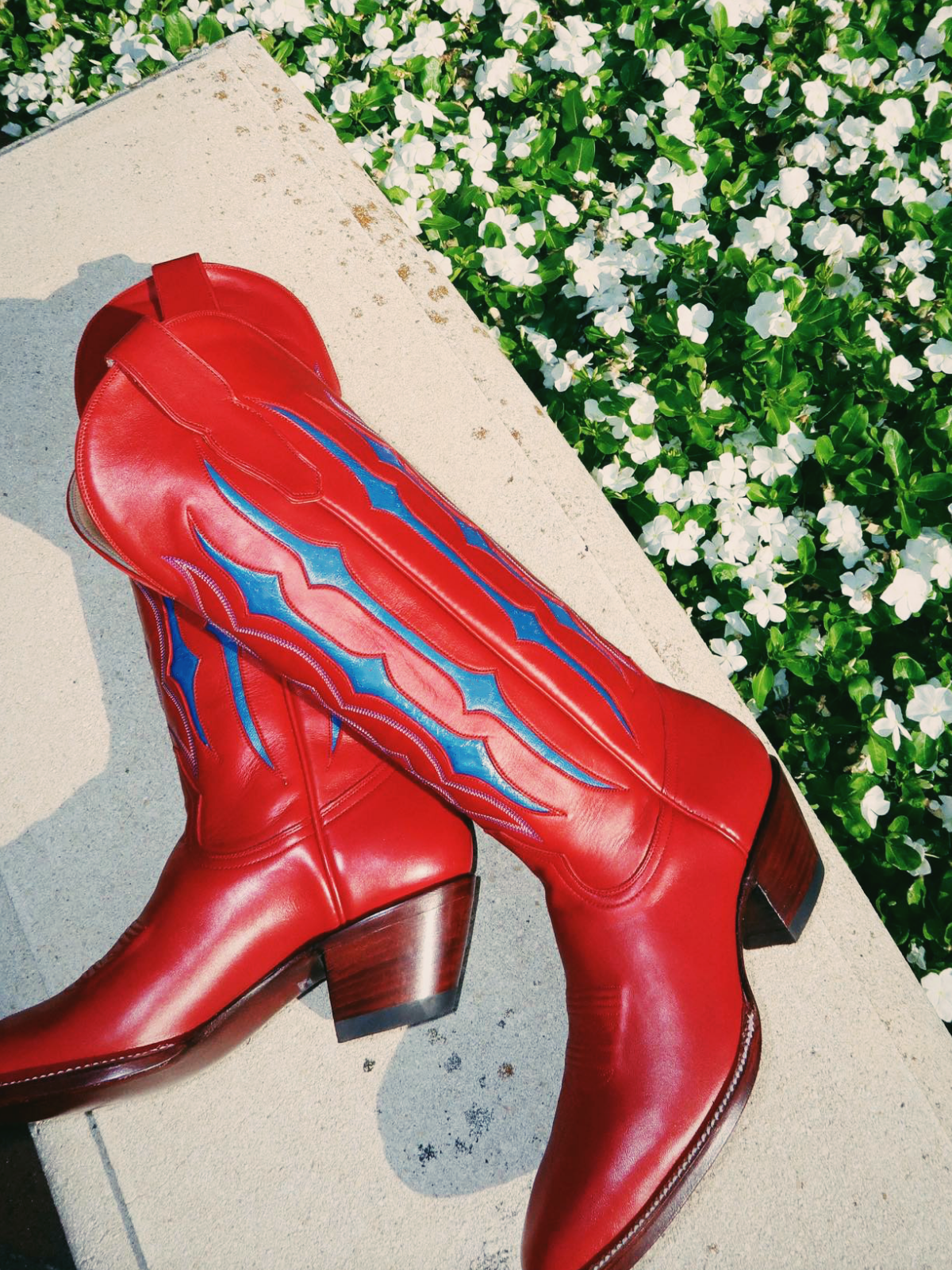 Red Contrast Inlay Stitch Almond-Toe Wide Mid Calf Western Cowgirl Boots