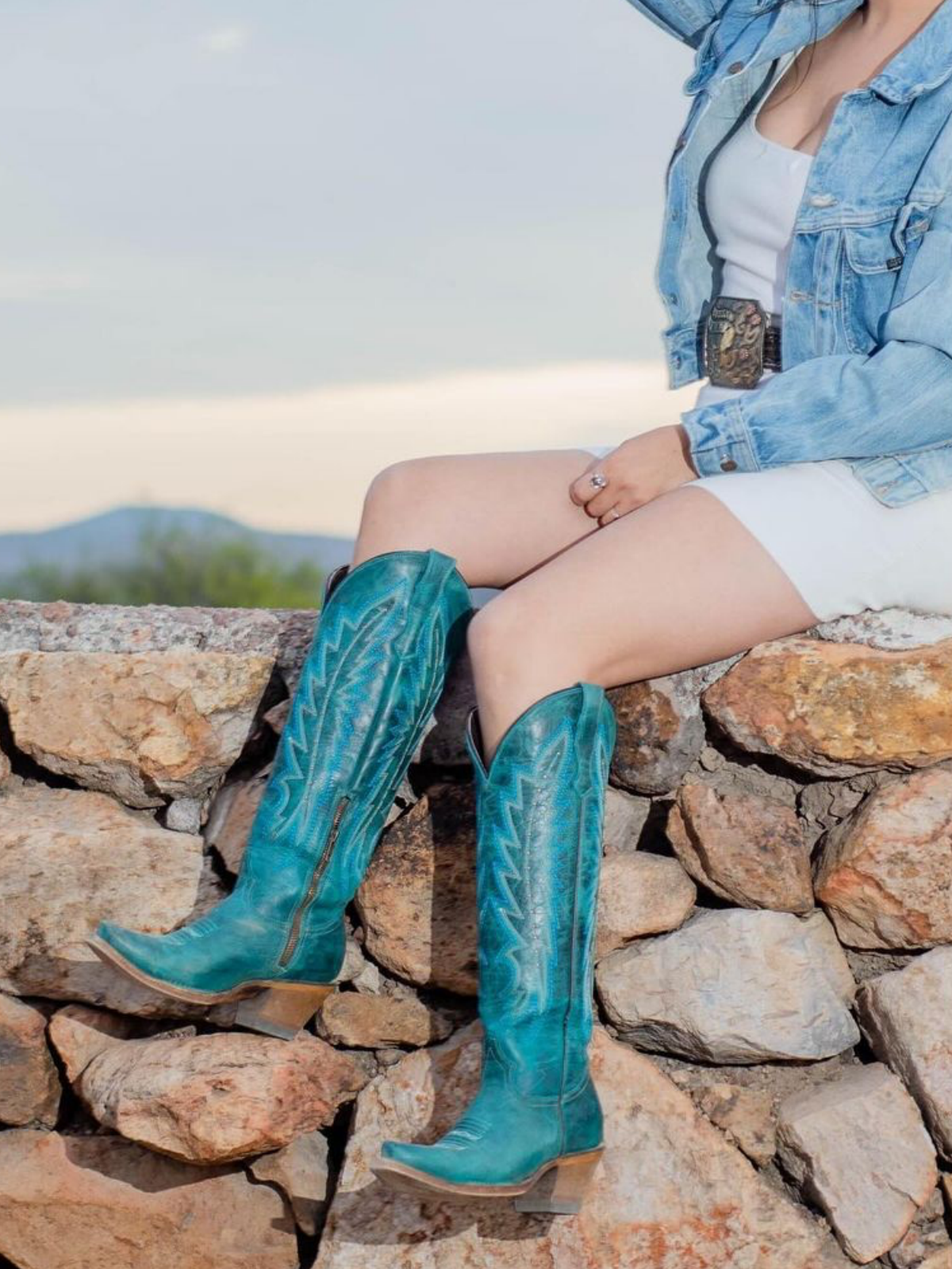 Distressed Turquoise Embroidery Studded Snip-Toe Half-Zip Cowboy Knee High Tall Boots For Women