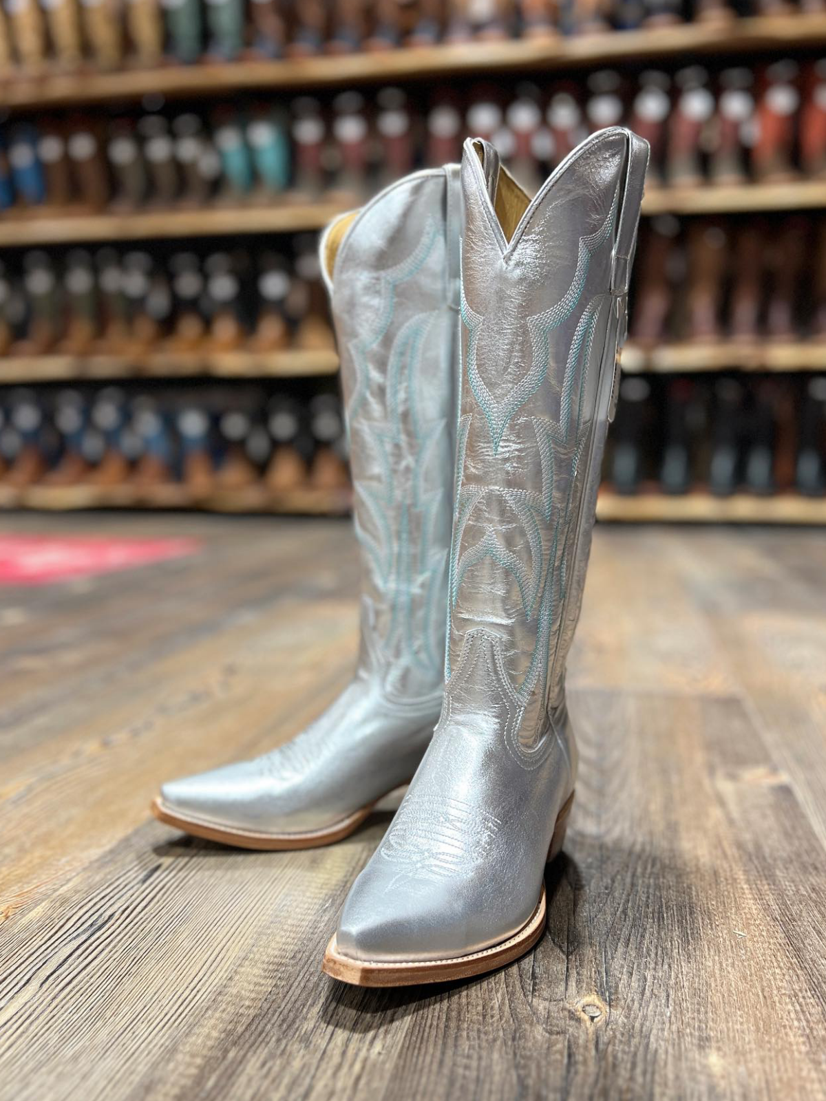 Metallic Silver Embroidery Snip-Toe Wide Mid Calf Cowboy Tall Boots For Women