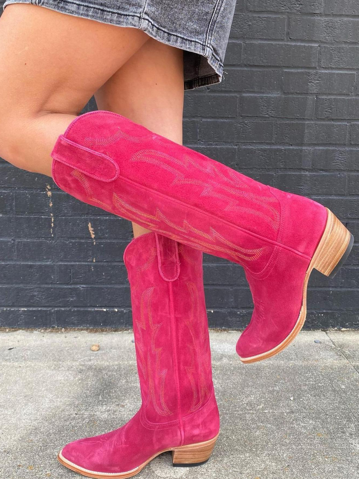 Hot Pink Faux Suede Embroidery Almond-Toe Wide Mid Calf Cowboy Tall Boots For Women