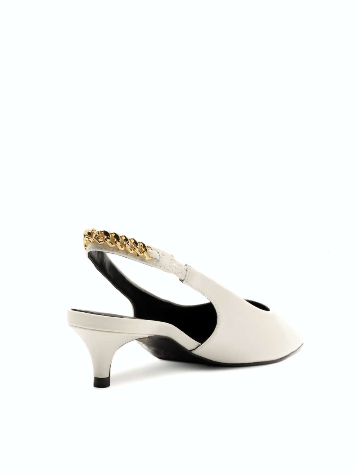 White Patent Pointy Kitten Heels Slingback Pumps With Chain Back Strap