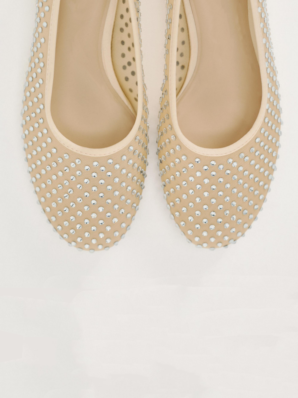 Beige Shiny Rhinestone Strass Semi-Transparent Mesh Ballet Flats