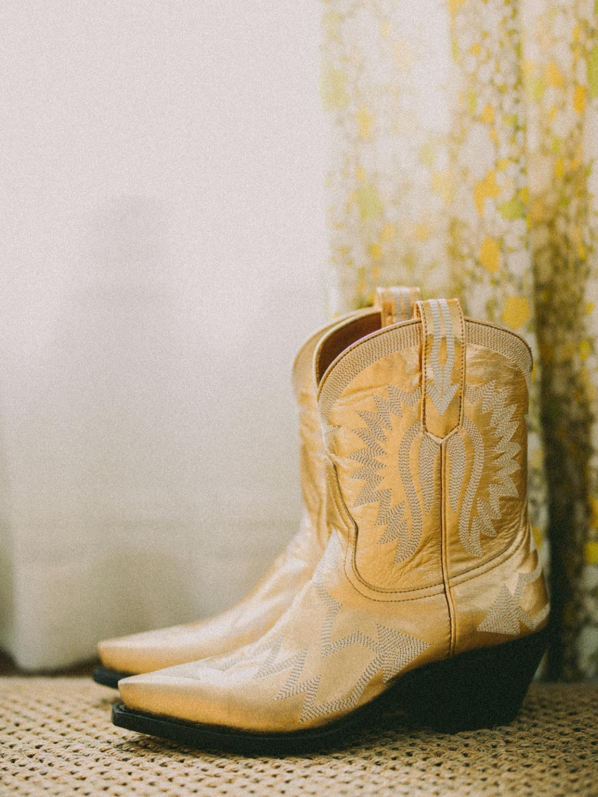 Metallic Embroidery Snip-Toe Wide Mid Calf Cowgirl Boots - Gold