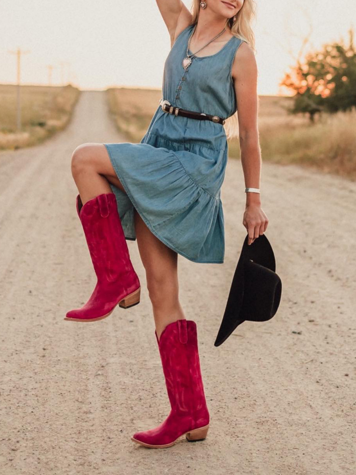 Hot Pink Faux Suede Embroidery Almond-Toe Wide Mid Calf Cowboy Tall Boots For Women