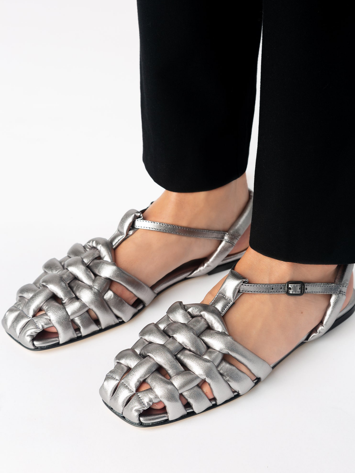 Metallic Silver Padded Strap Interwined Square-Toe Flats Sandals With Ankle T-Strap