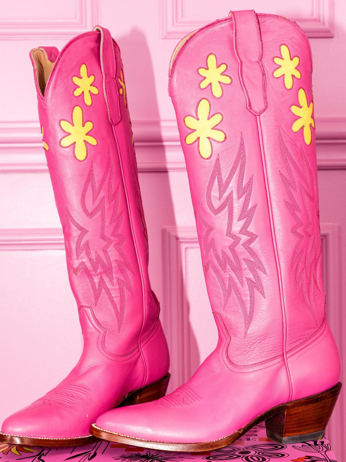 Yellow Floral Inlay Embroidered Wide Calf Cowgirl Tall Boots In Cranberry Pink