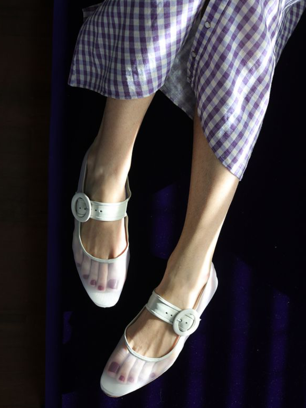 White Mesh Elongated Ballet Flats Mary Janes With Oversized Buckle