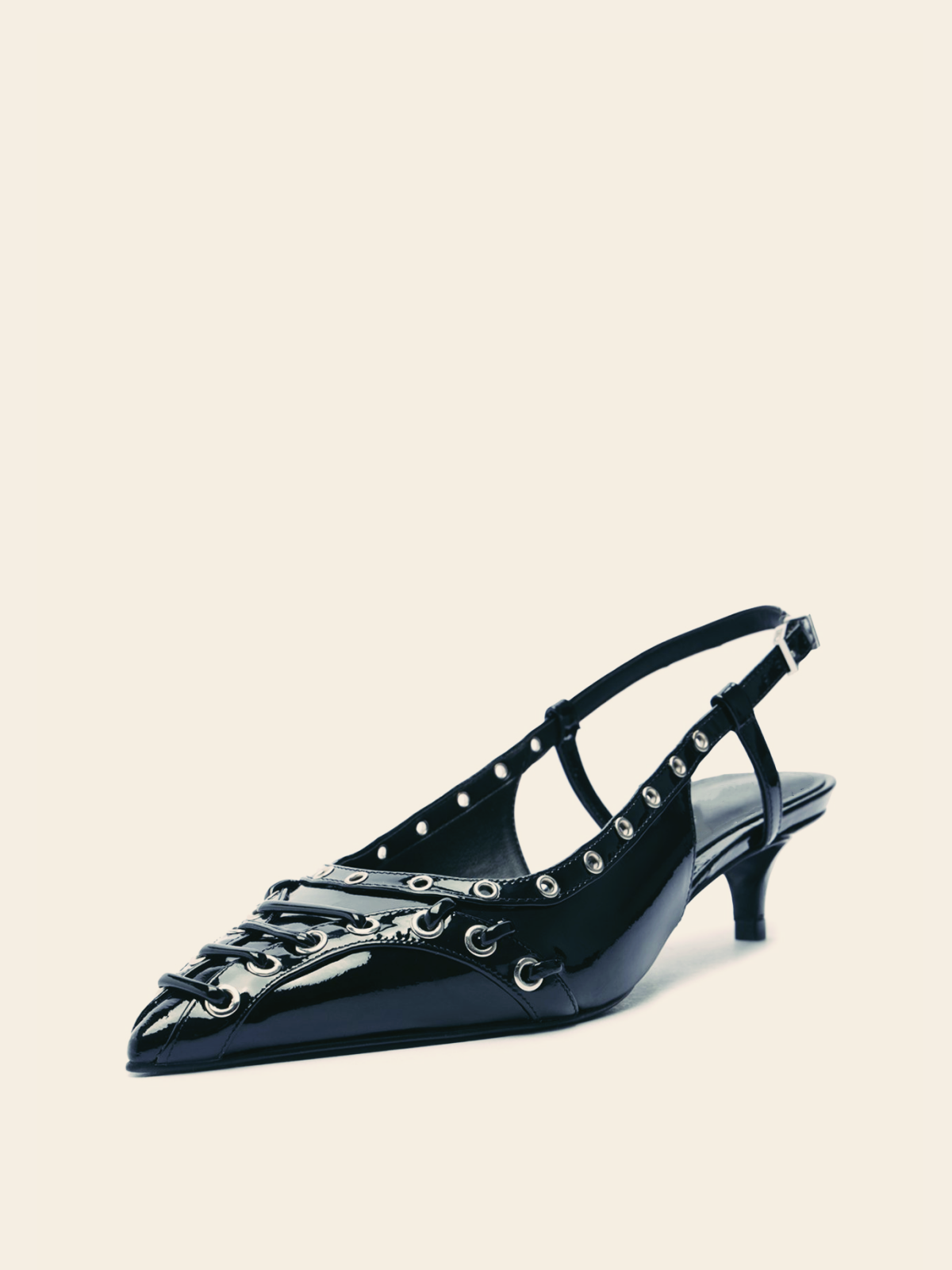 Black Patent Strappy Eyelet Pointy Kitten Heels Slingback Pumps