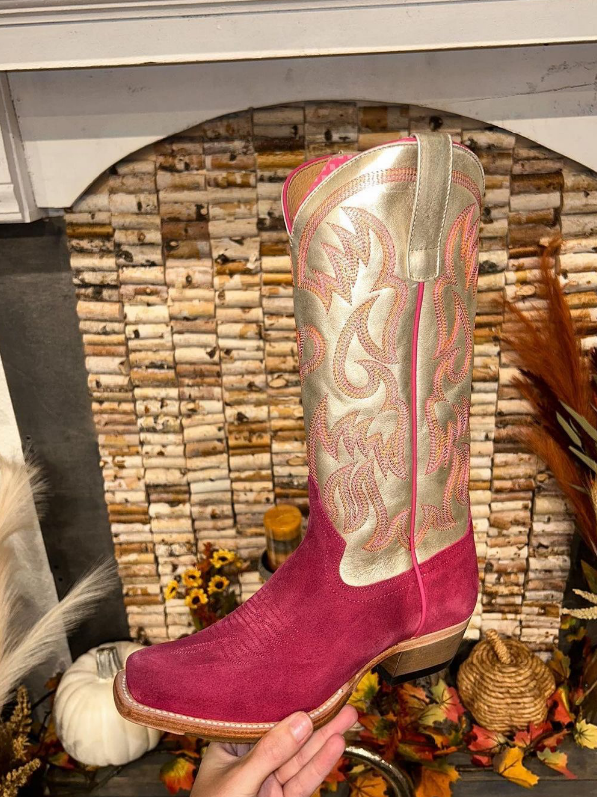 Contrast Pink Faux Suede And Metallic Gold Embroidery Snip-Toe Wide Mid Calf Cowgirl Tall Boots