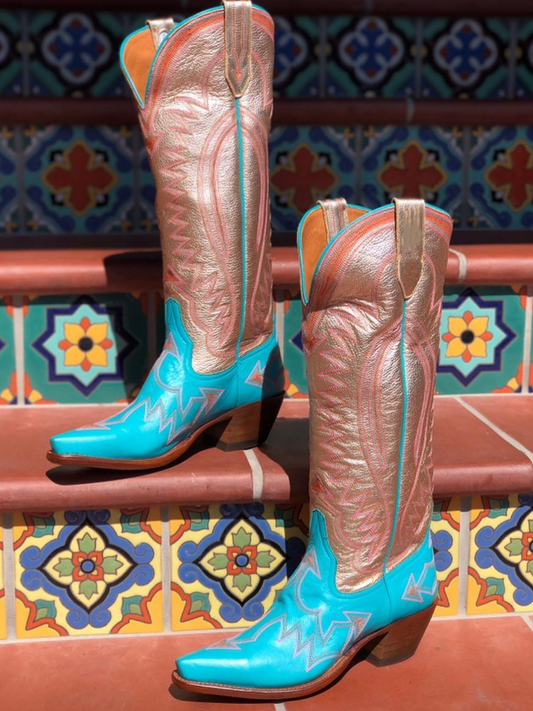 Contrast Blue And Metallic Rose Gold Snip-Toe Embroidery Wide Mid Calf Tall Cowgirl Boots