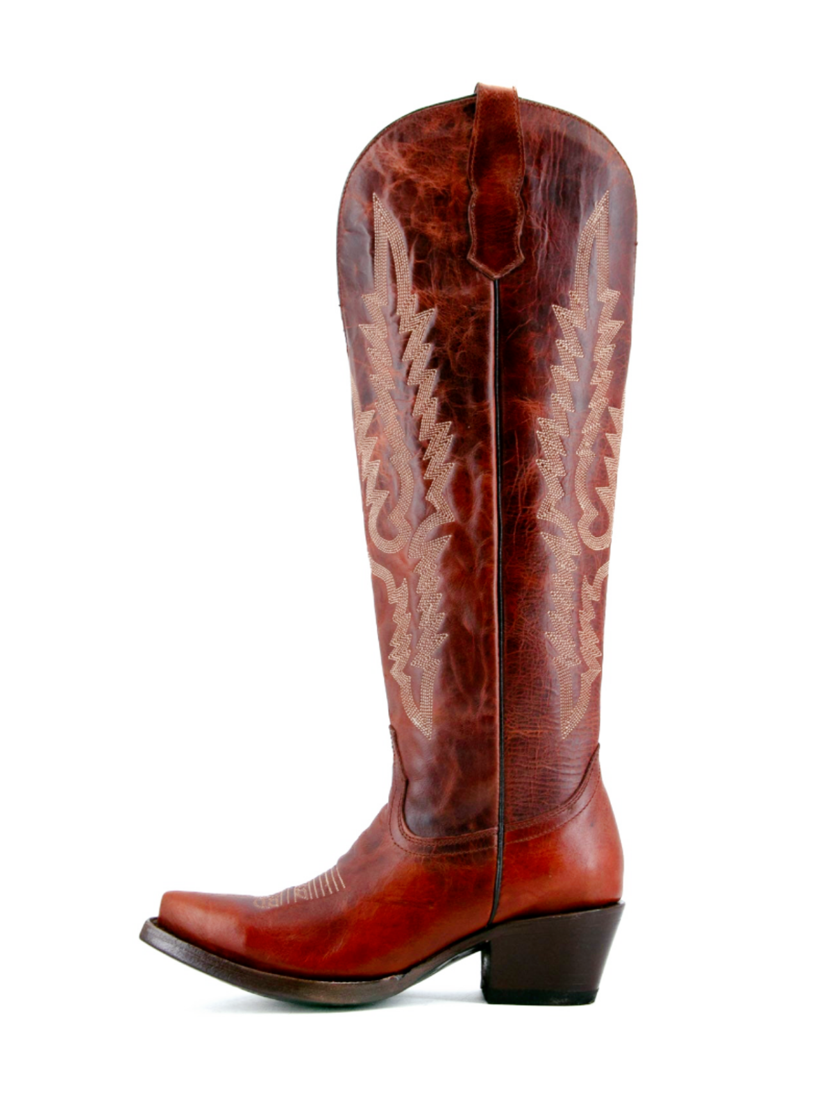 Classic Embroidery Distressed Snip-Toe Half-Zip Tall Knee High Cowgirl Boots - Brandy