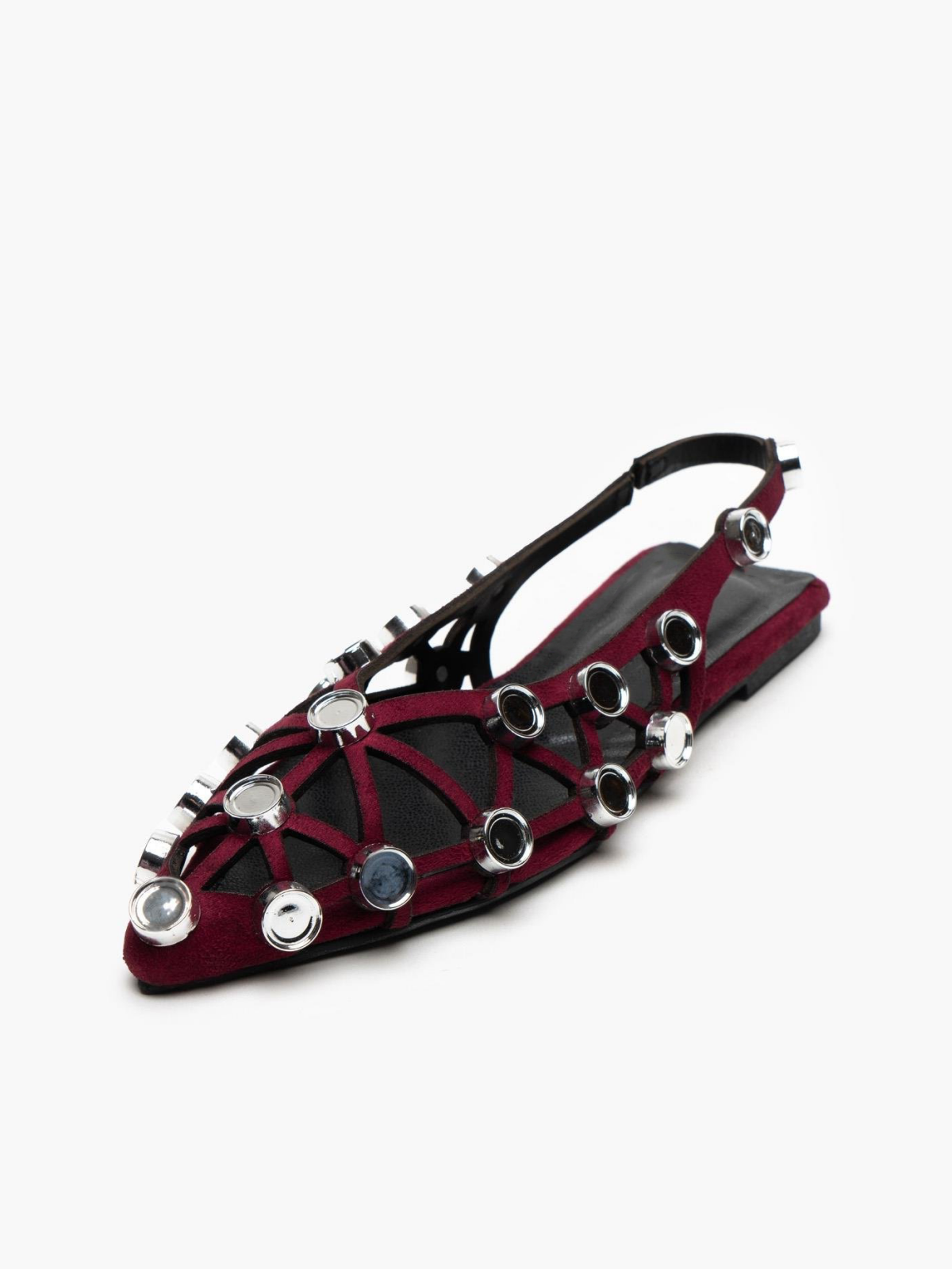 Claret Red Grid Embellished Faux Suede Pointy Ballet Flats Slingbacks