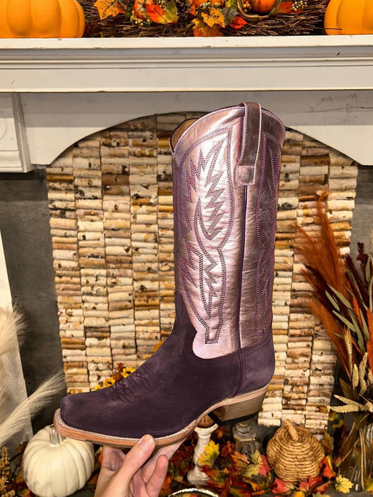 Faux Suede & Metallic Vegan Leather Embroidery Snip-Toe Wide Mid Calf Cowgirl Boots in Contrast Purple