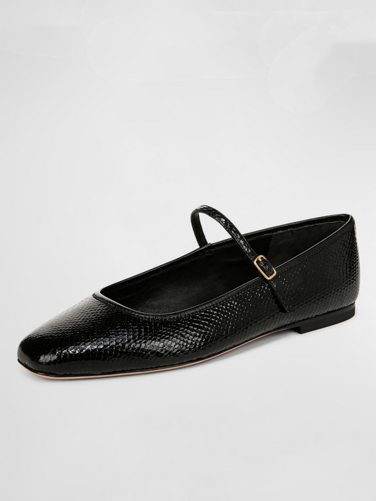 Black Snake-Embossed Square-Toe Ballet Flats Mary Janes