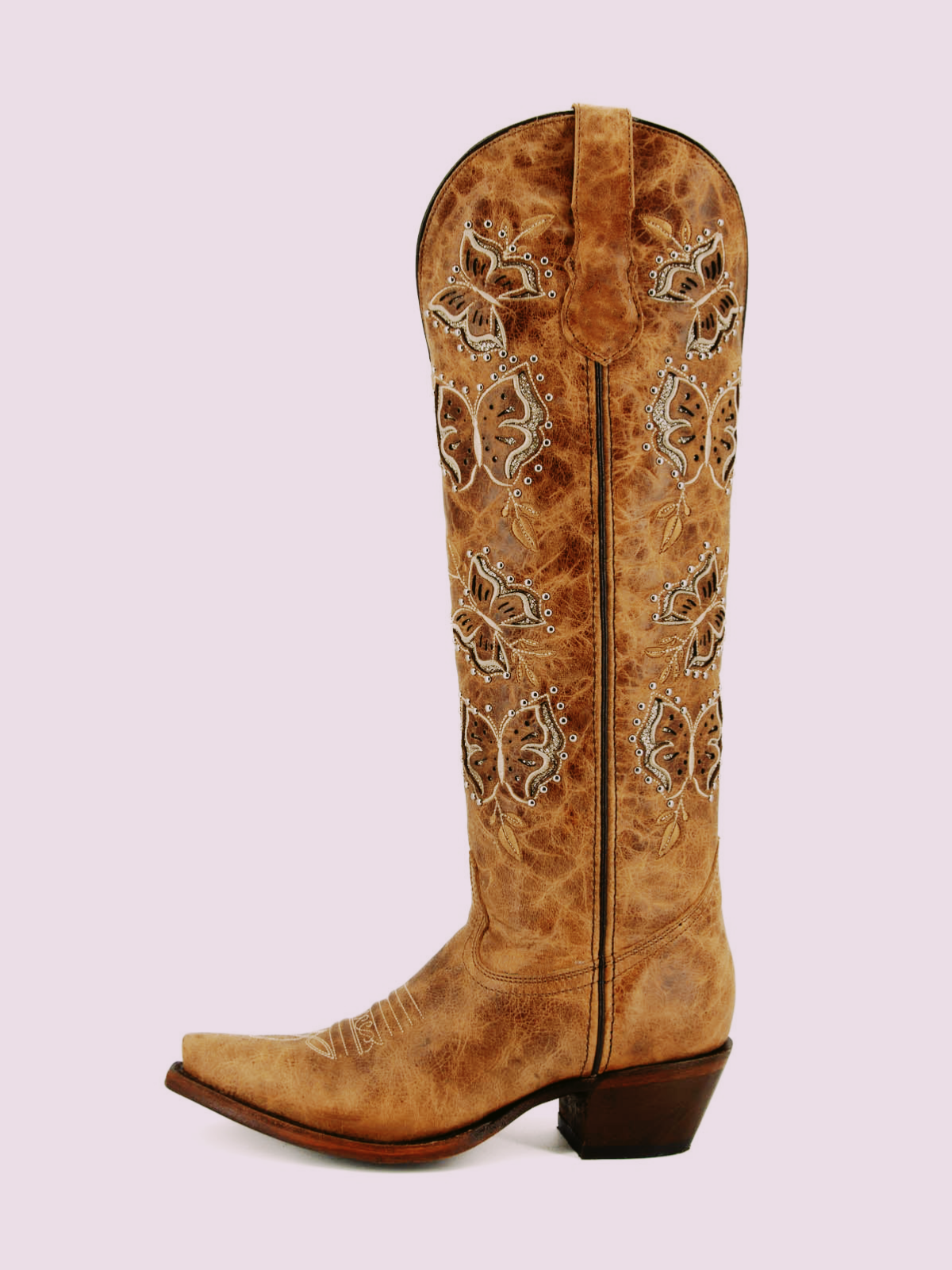 Distressed Brown Snip-Toe Studded Butterfly Inlay Wide Calf Tall Knee High Cowgirl Boots