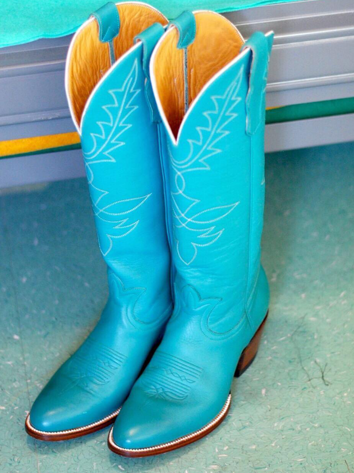 Turquoise Vegan Leather Embroidery Almond-Toe Wide Mid Calf Tall Cowgirl Boots