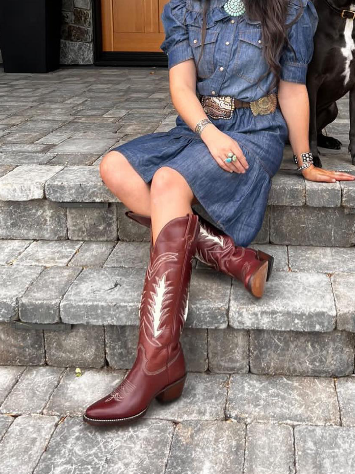 Brown Almond-Toe Inlay Embroidery Wide Mid Calf Tall Cowgirl Boots