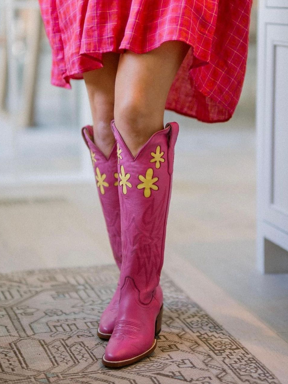 Yellow Floral Inlay Embroidered Wide Calf Cowgirl Tall Boots In Cranberry Pink