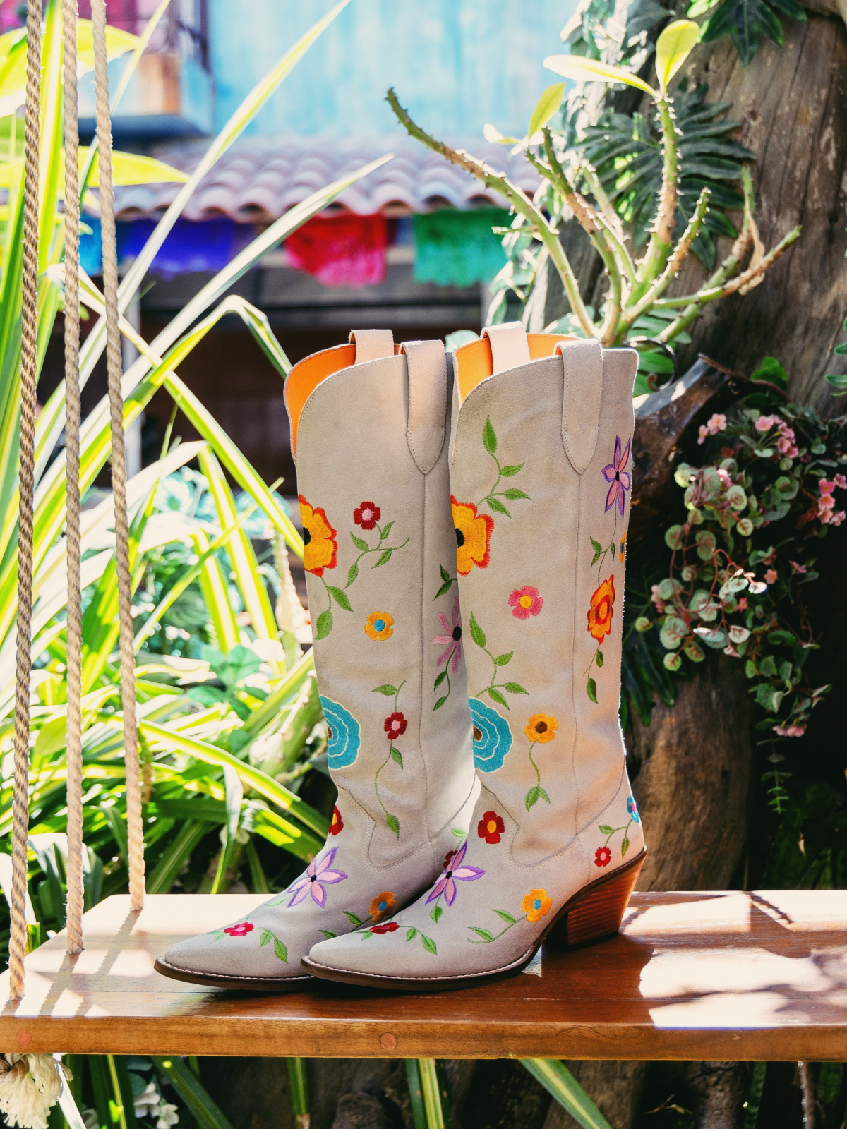 White Flower Embroidery Faux Suede Wide Mid Calf Tall Cowgirl Western Boots