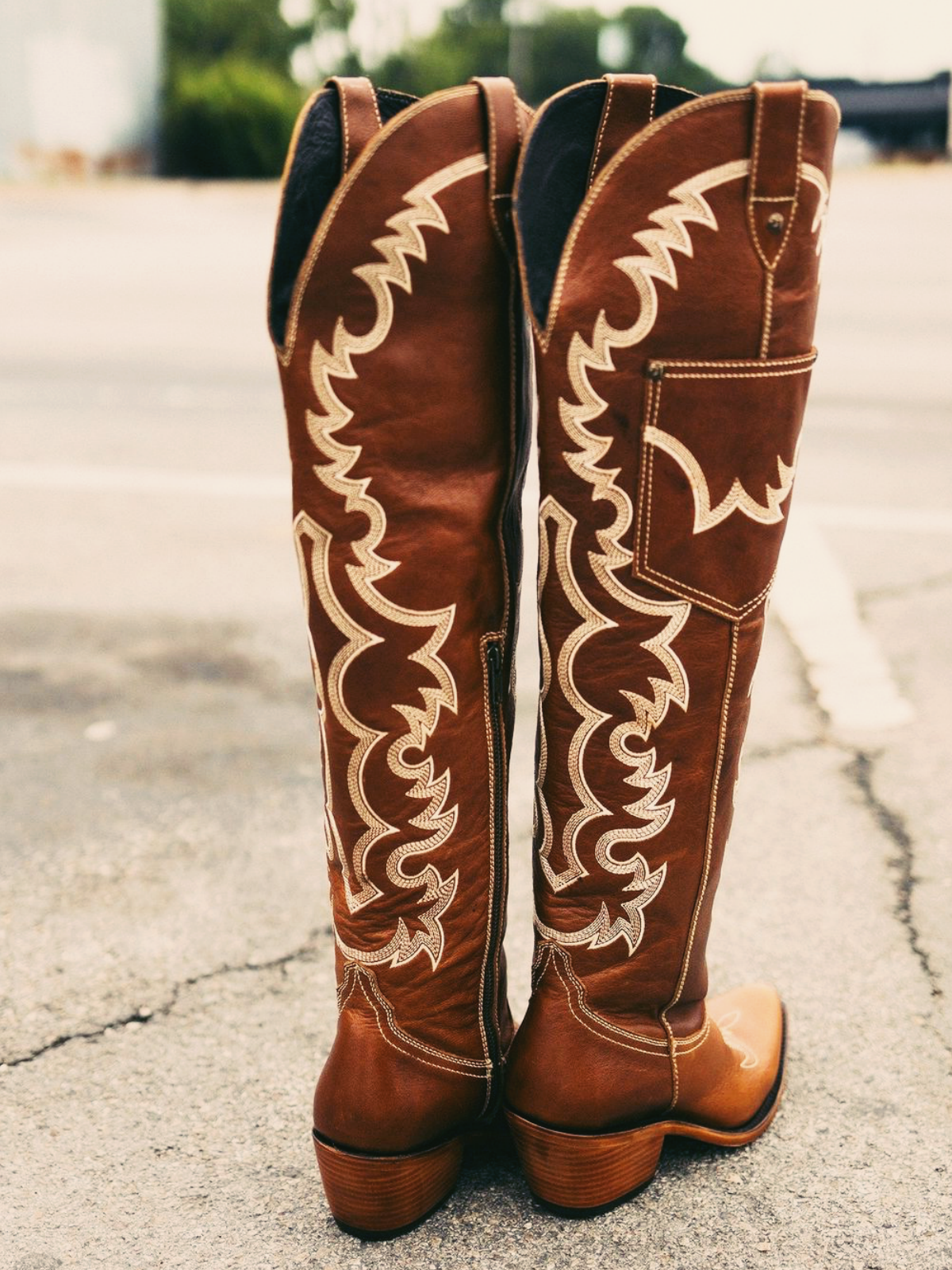 Brown Embroidery Pointed-Toe Over-The-Knee Western Boots Half-Zip Pocket Cowgirl Boots