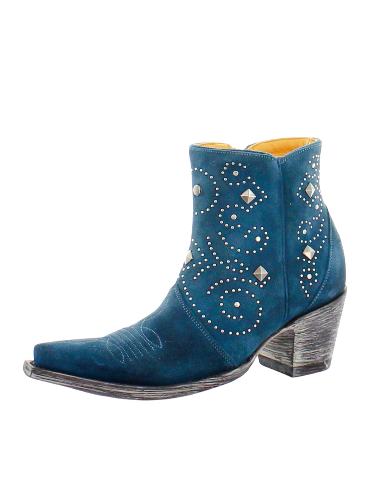 Teal Blue Snip-Toe Studded Full-Zip Short Mid Calf Cowgirl Boots