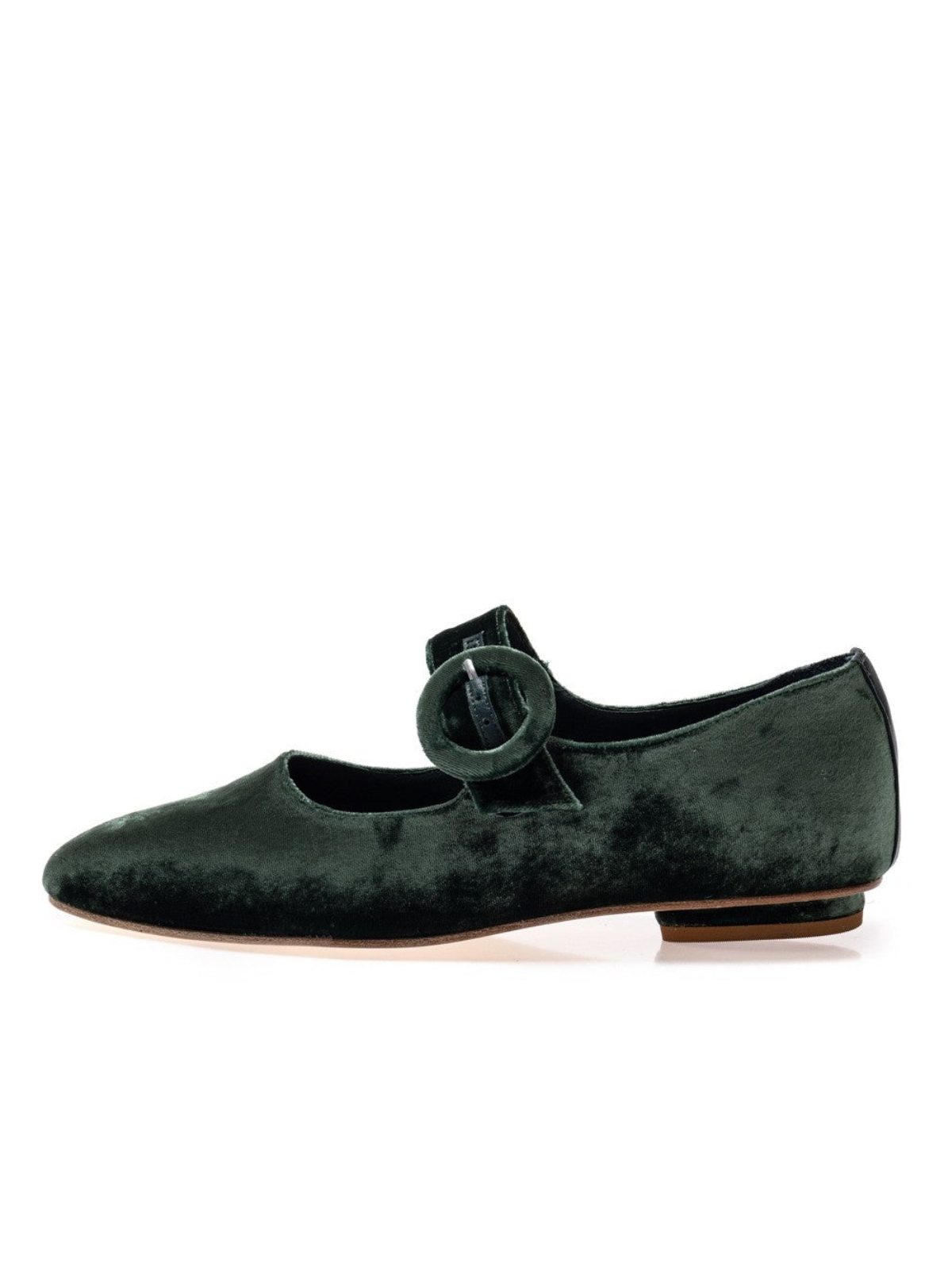 Green Velvet Elongated Ballet Flats Mary Janes With Oversized Buckle