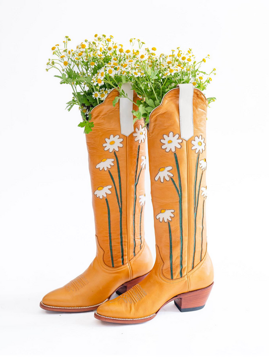 Orange Almond-Toe Wide Calf Western Boots Knee High Tall Boots With Floral Inlay