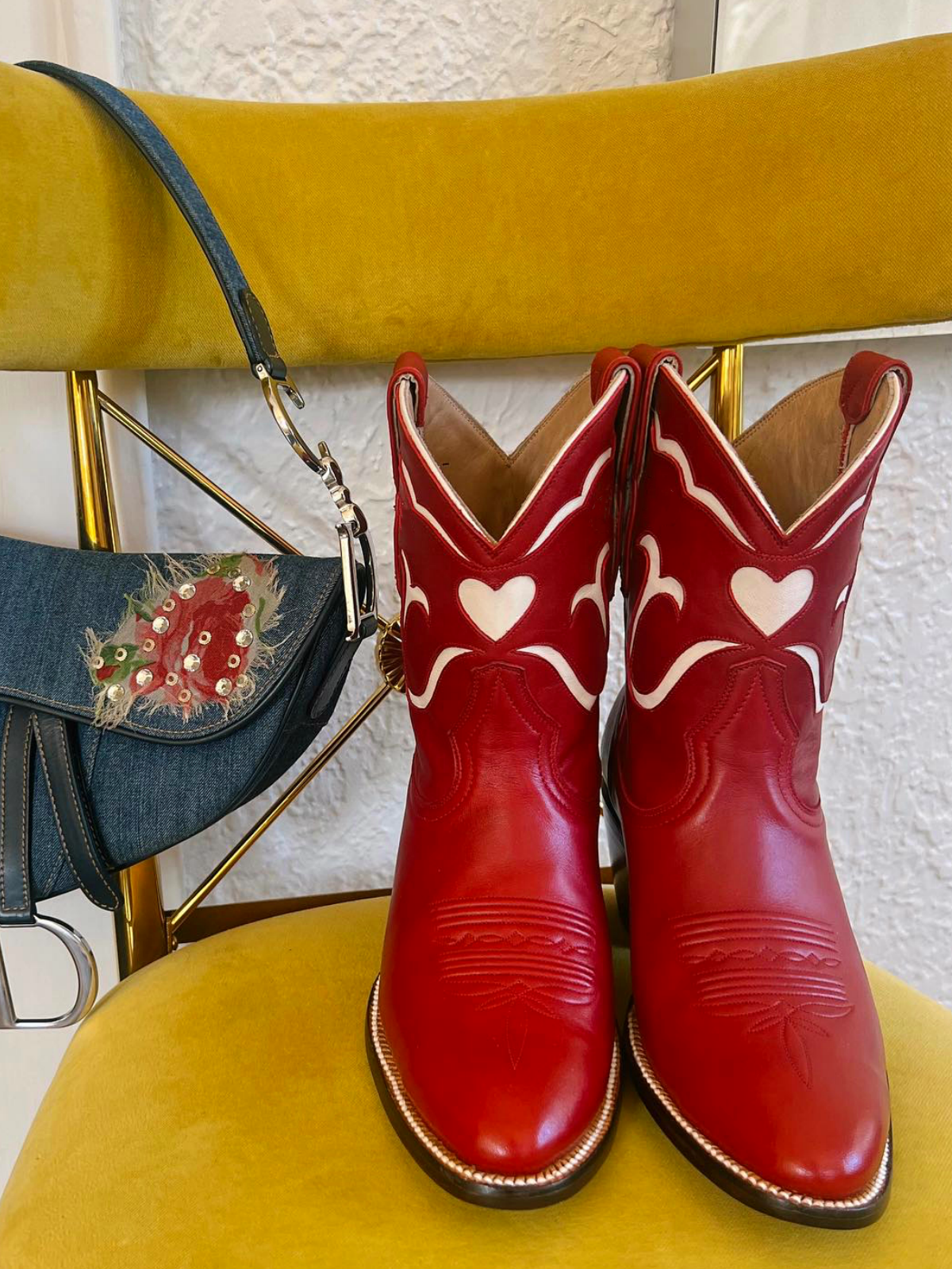 White Heart Inlay Almond-Toe Wide Mid Calf Cowgirl Boots - Red