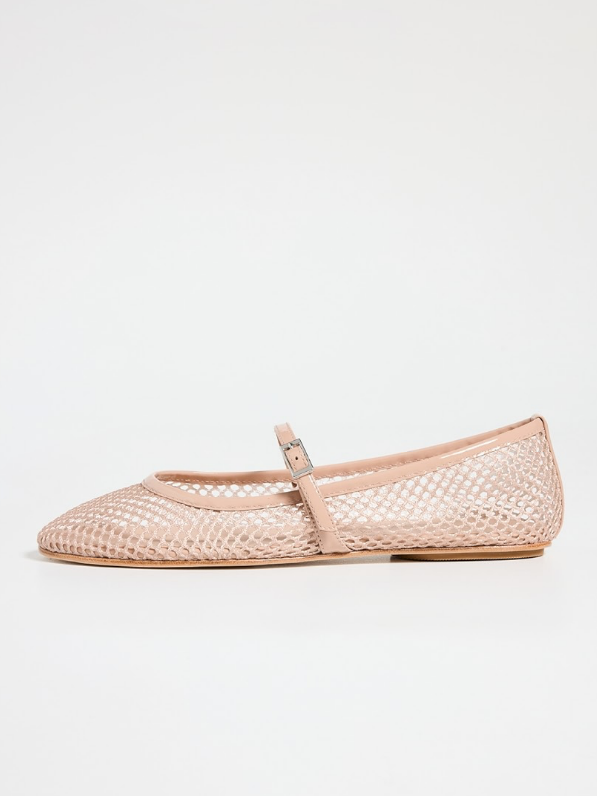 Blush Beige Fishnet Ballet Flats Mary Janes With Thin Buckle Strap