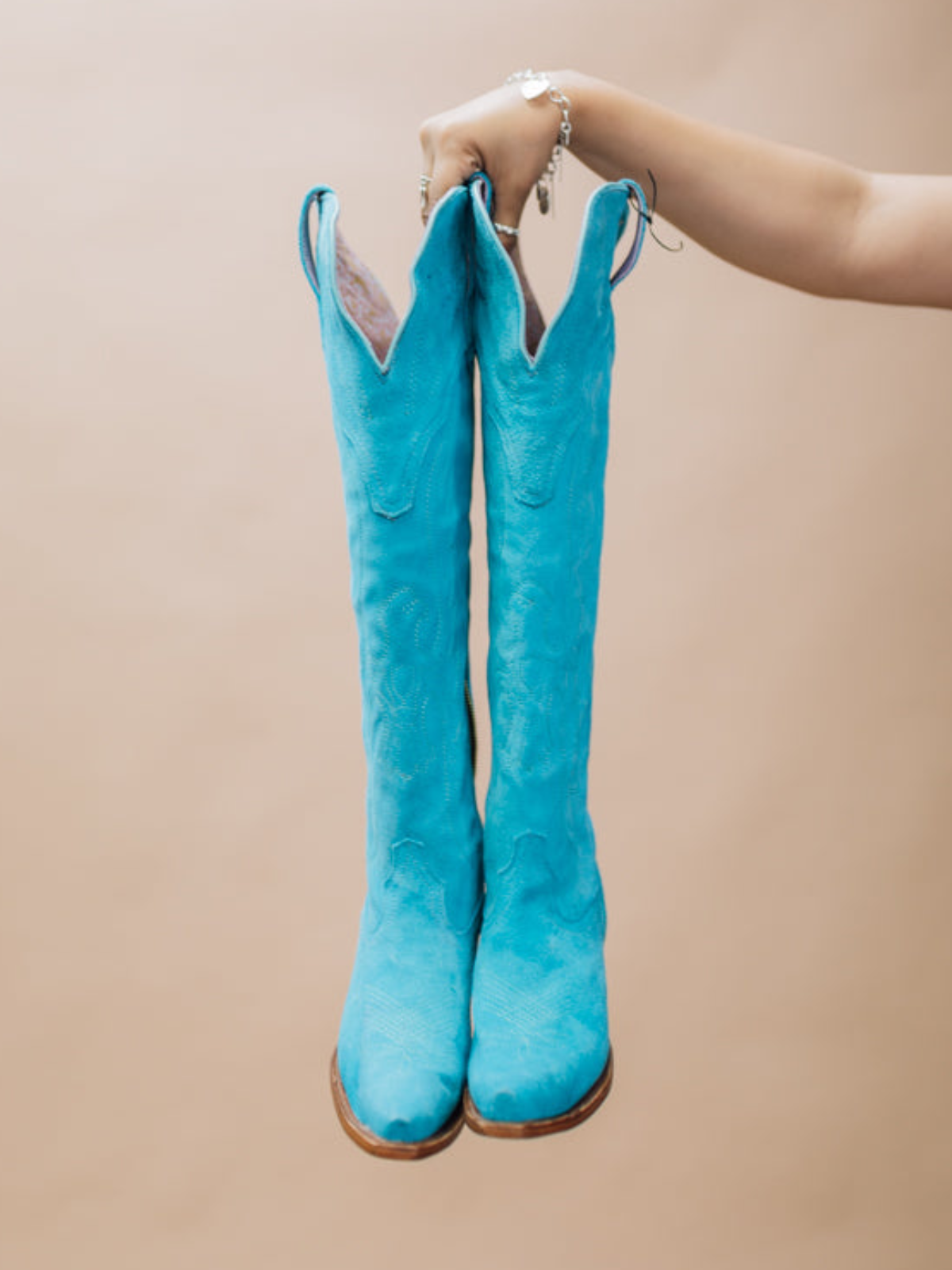 Eagle Embroidery Snip-Toe Half-Zip Over-The-Knee Tall Cowgirl Boots - Blue Faux Suede