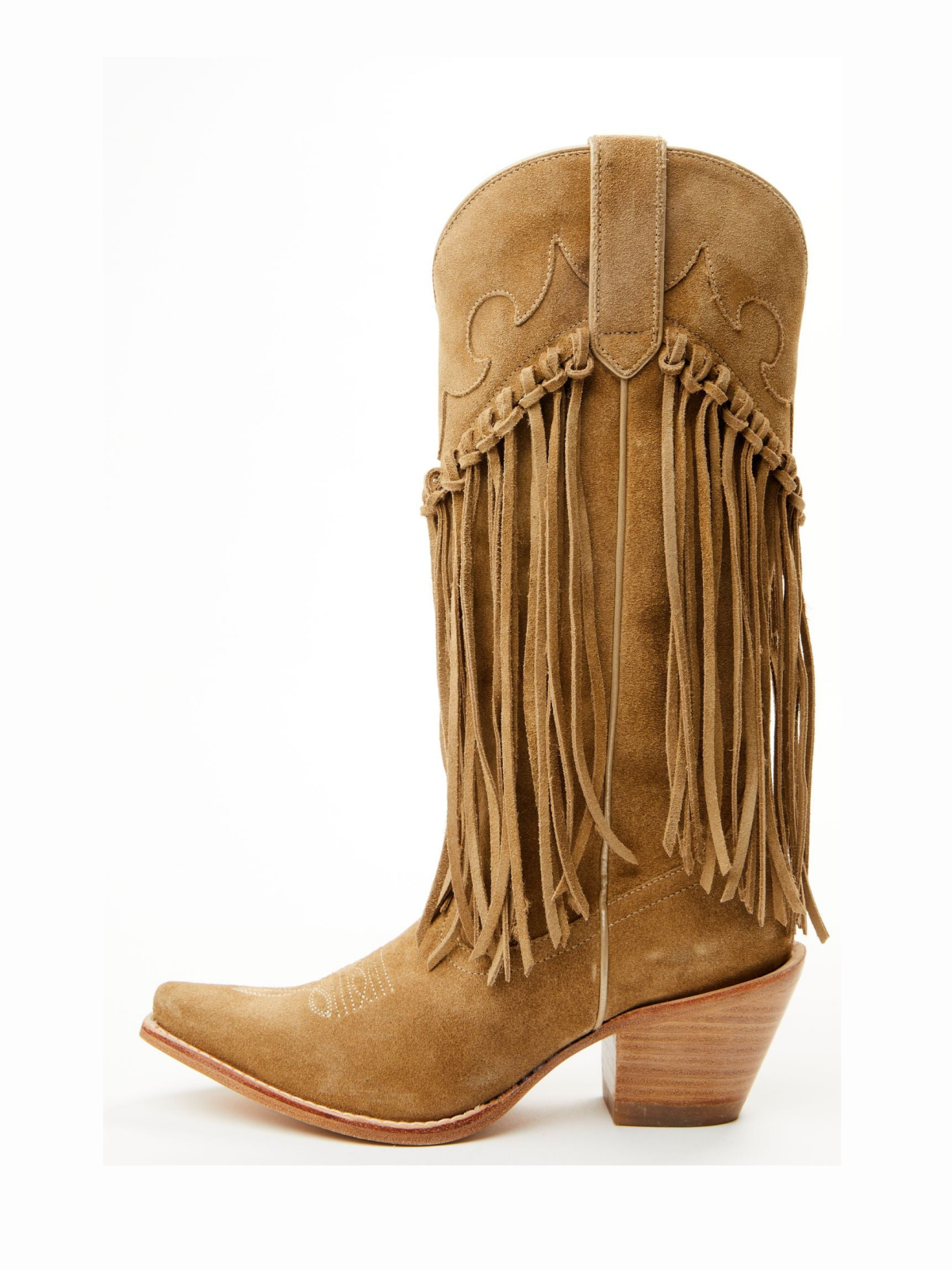 Tan Faux Suede Snip-Toe Fringe Wide Mid Calf Cowgirl Boots